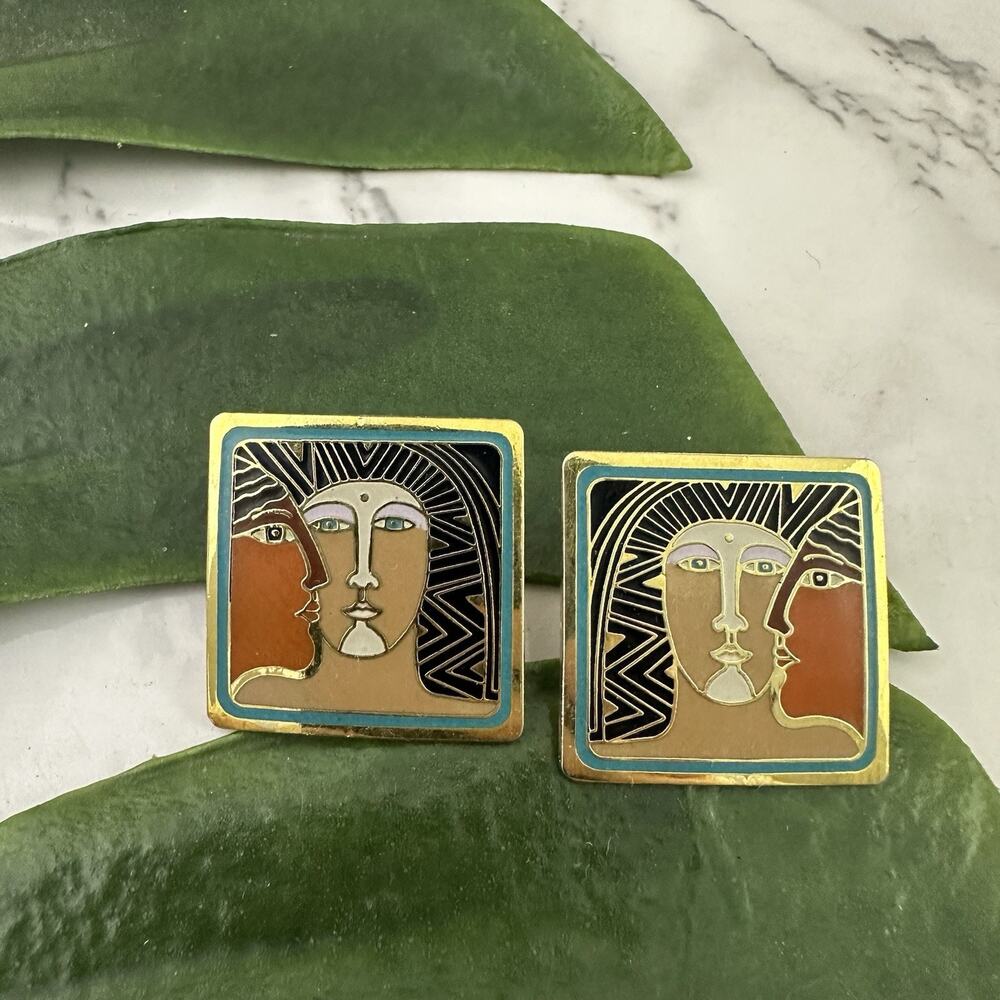 Laurel Burch Vintage 90s Stud Earrings Ancient Ancestors Gold Tone Square Art